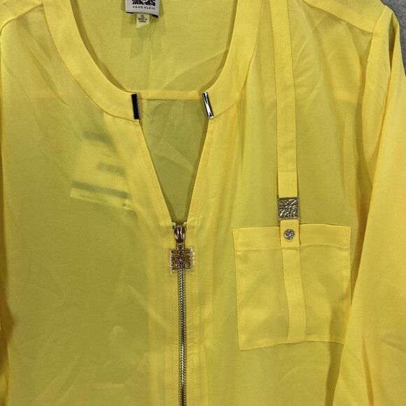 Anne Klein Womens XL Yellow Sheer Zip-Front Blouse NWT 3/4 Sleeve Colorful Beach - Picture 10 of 11